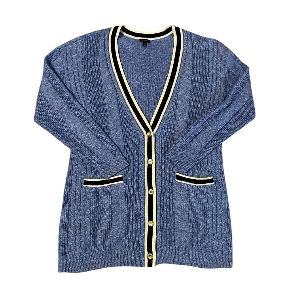 Talbots Iris Blue Cable Knit Tipped Girlfriend Cardigan Sweater Size L Preppy